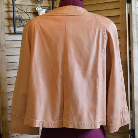 Chico's 1/M Peachy Beige Leather Jacket 3/4 Sleeves Slanted Pockets - Picture 6 of 8